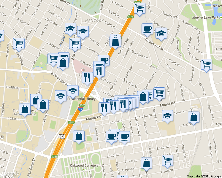 map of restaurants, bars, coffee shops, grocery stores, and more near Dancy Street in Austin