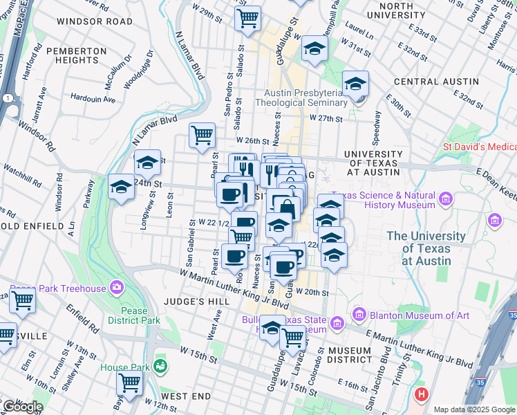 map of restaurants, bars, coffee shops, grocery stores, and more near 2300 Nueces Street in Austin