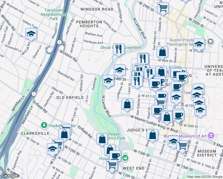 map of restaurants, bars, coffee shops, grocery stores, and more near 1211 West 22 1/2 Street in Austin