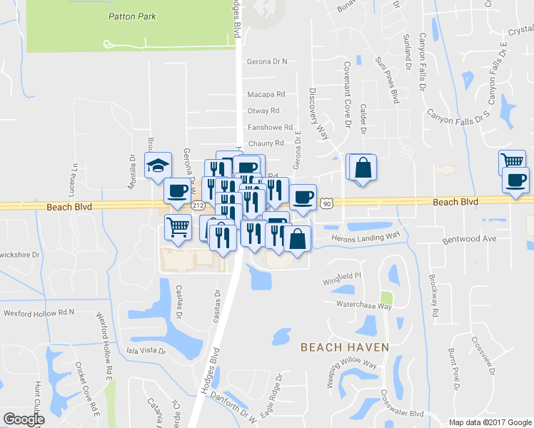 map of restaurants, bars, coffee shops, grocery stores, and more near 13696 Beach Blvd in Jacksonville