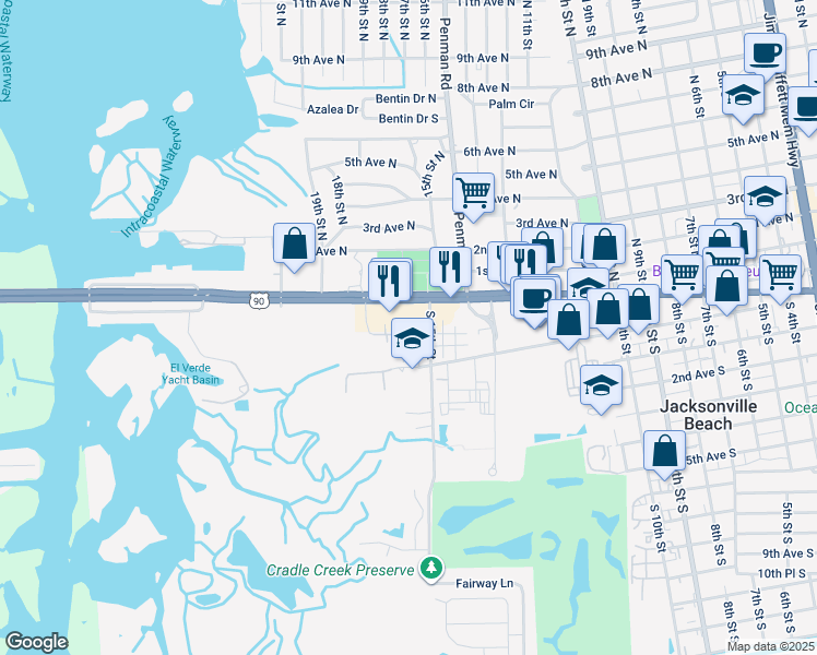 map of restaurants, bars, coffee shops, grocery stores, and more near 22 Jardin De Mer Place in Jacksonville Beach