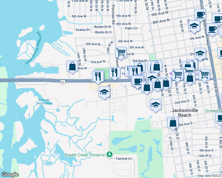 map of restaurants, bars, coffee shops, grocery stores, and more near 187 Jardin De Mer Place in Jacksonville Beach