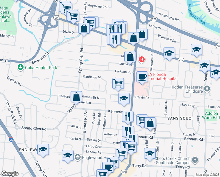 map of restaurants, bars, coffee shops, grocery stores, and more near 5628 Robert Scott Drive North in Jacksonville