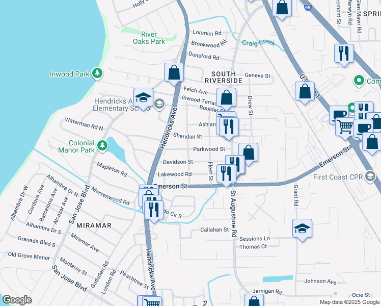 map of restaurants, bars, coffee shops, grocery stores, and more near 1663 Davidson Street in Jacksonville