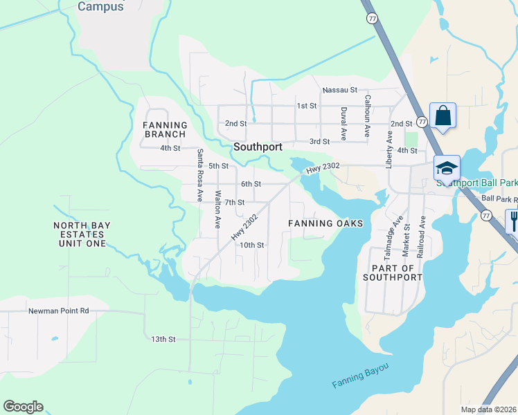 map of restaurants, bars, coffee shops, grocery stores, and more near 7515 Highway 2302 in Southport