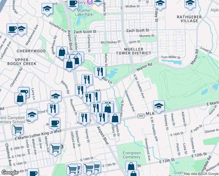 map of restaurants, bars, coffee shops, grocery stores, and more near 2213 Tillery Street in Austin