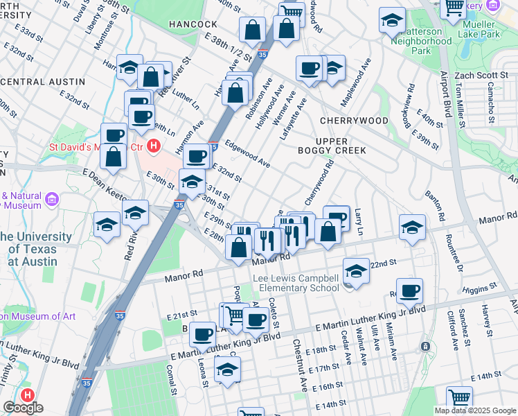 map of restaurants, bars, coffee shops, grocery stores, and more near 3007 French Place in Austin