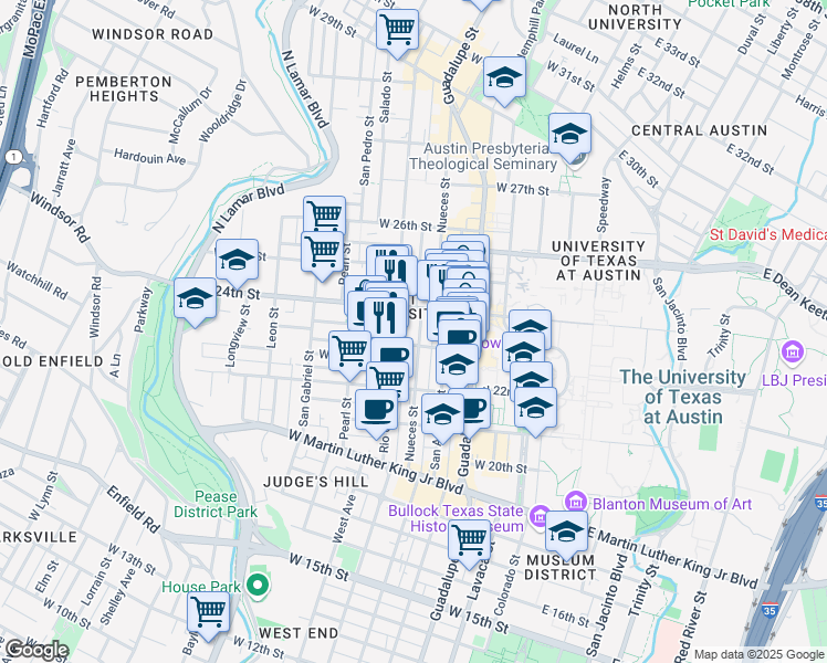 map of restaurants, bars, coffee shops, grocery stores, and more near in Austin