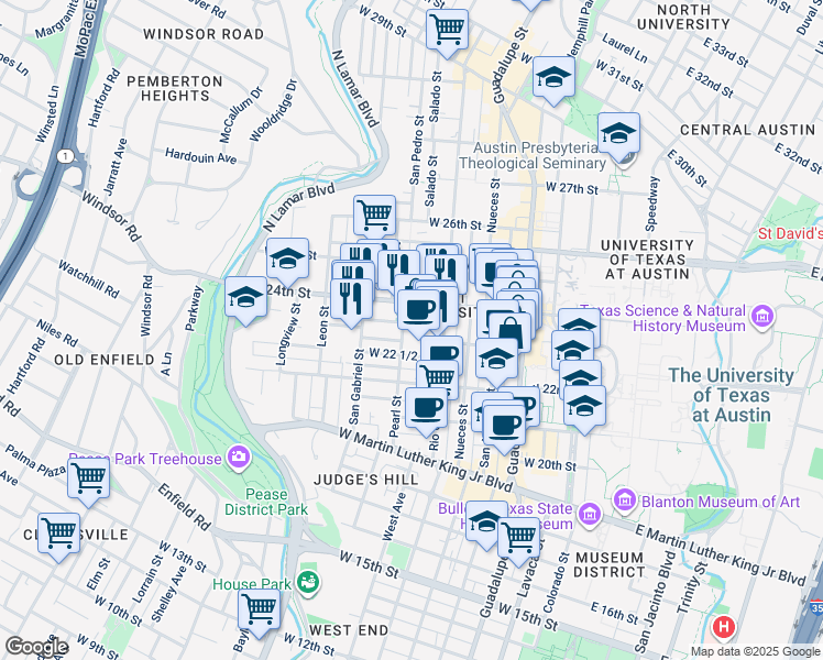 map of restaurants, bars, coffee shops, grocery stores, and more near 2 West 22 1/2 Street in Austin