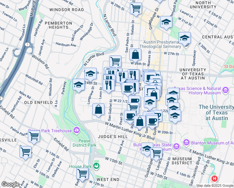map of restaurants, bars, coffee shops, grocery stores, and more near 910 West 22 1/2 Street in Austin