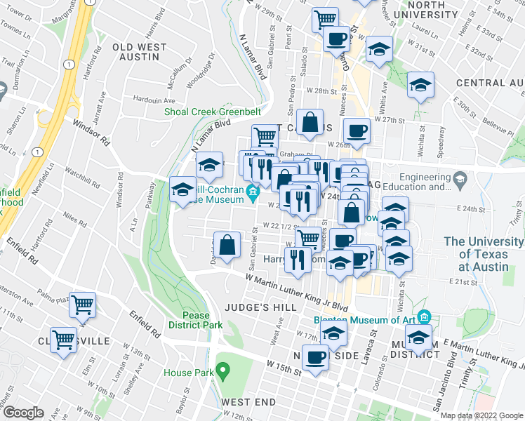 map of restaurants, bars, coffee shops, grocery stores, and more near 910 West 22 1/2 Street in Austin