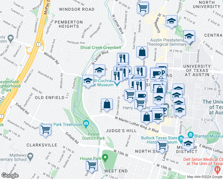 map of restaurants, bars, coffee shops, grocery stores, and more near 25 Leon Street in Austin