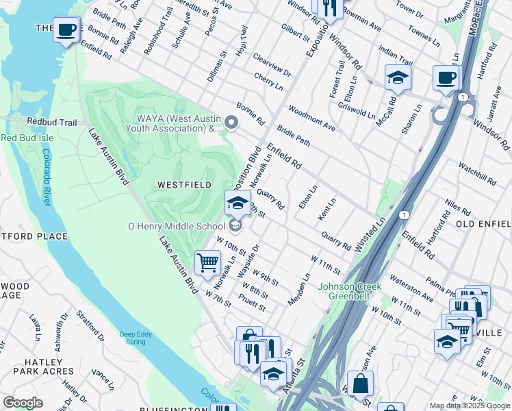 map of restaurants, bars, coffee shops, grocery stores, and more near 2610 West 10th Street in Austin