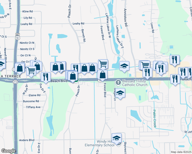 map of restaurants, bars, coffee shops, grocery stores, and more near 10315 Beach Boulevard in Jacksonville