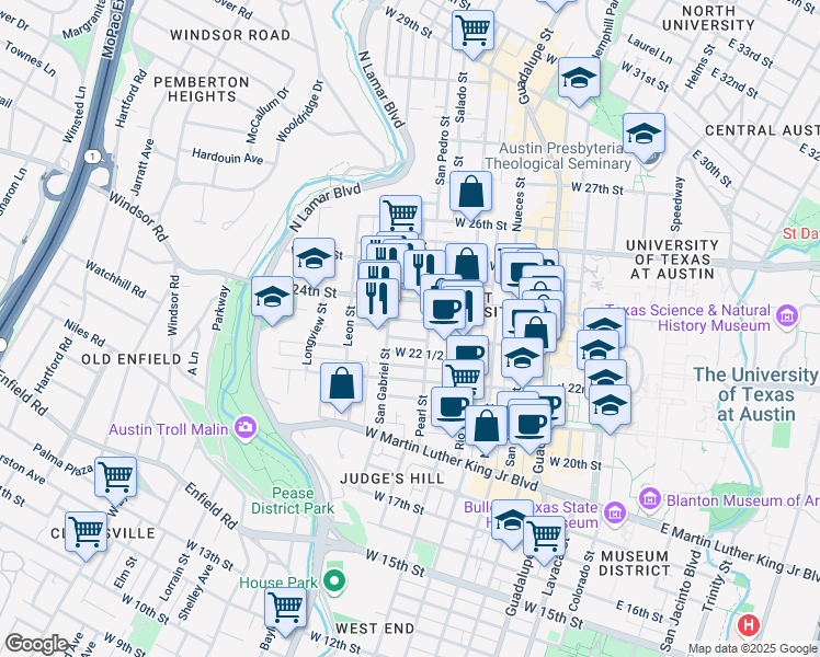 map of restaurants, bars, coffee shops, grocery stores, and more near 909 West 23rd Street in Austin