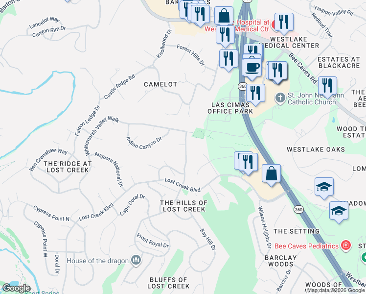 map of restaurants, bars, coffee shops, grocery stores, and more near 1108 Quaker Ridge Drive in Austin