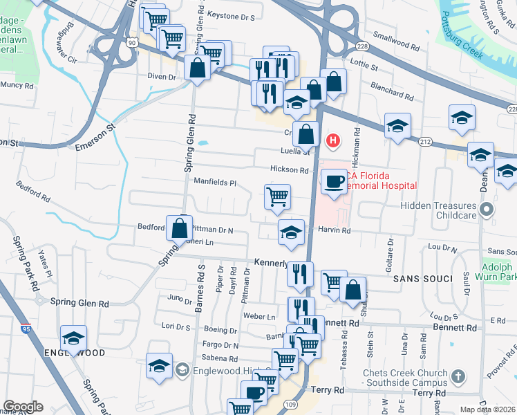 map of restaurants, bars, coffee shops, grocery stores, and more near 5742 Booth Road in Jacksonville