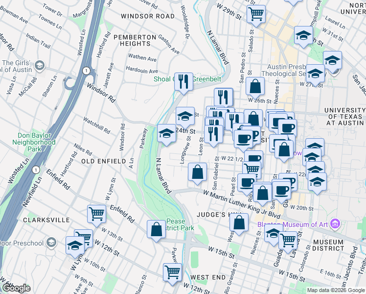 map of restaurants, bars, coffee shops, grocery stores, and more near 1111 West 22 1/2 Street in Austin