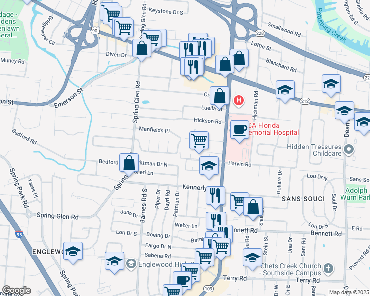 map of restaurants, bars, coffee shops, grocery stores, and more near 5742 Booth Road in Jacksonville
