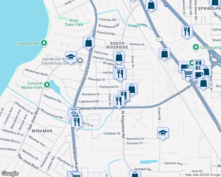 map of restaurants, bars, coffee shops, grocery stores, and more near 1825 Davidson Street in Jacksonville