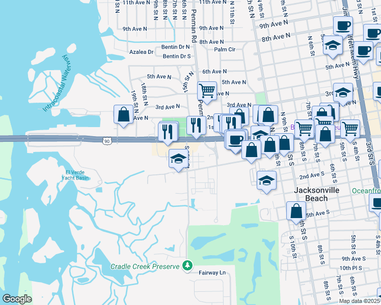 map of restaurants, bars, coffee shops, grocery stores, and more near 187 Jardin De Mer Place in Jacksonville Beach