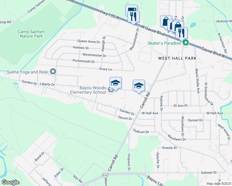 map of restaurants, bars, coffee shops, grocery stores, and more near 35614 Liberty Drive in Slidell
