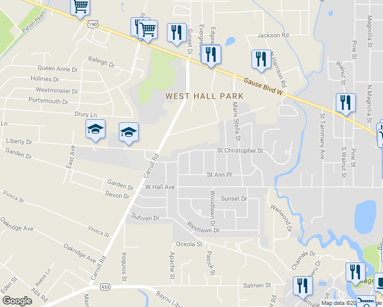 map of restaurants, bars, coffee shops, grocery stores, and more near 1108 Saint Paul Street in Slidell