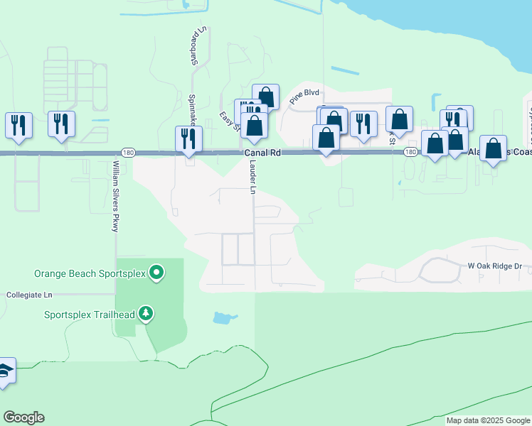 map of restaurants, bars, coffee shops, grocery stores, and more near 24701-24707 Pelican Pl in Orange Beach