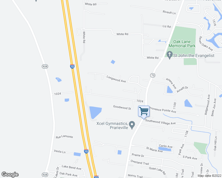 map of restaurants, bars, coffee shops, grocery stores, and more near 37160 Miller Road in Prairieville