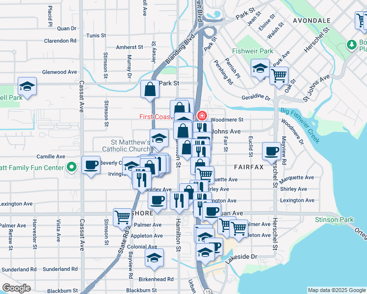 map of restaurants, bars, coffee shops, grocery stores, and more near 4530 Saint Johns Avenue in Jacksonville