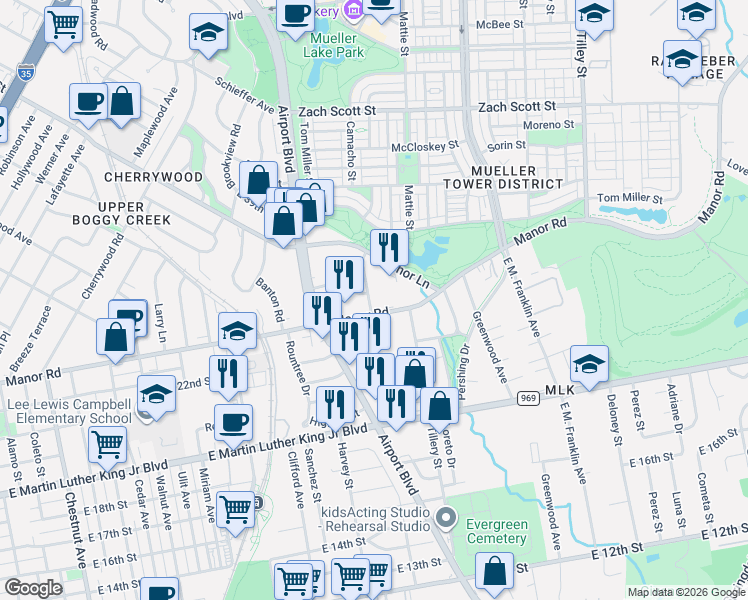 map of restaurants, bars, coffee shops, grocery stores, and more near 3130 Manor Road in Austin