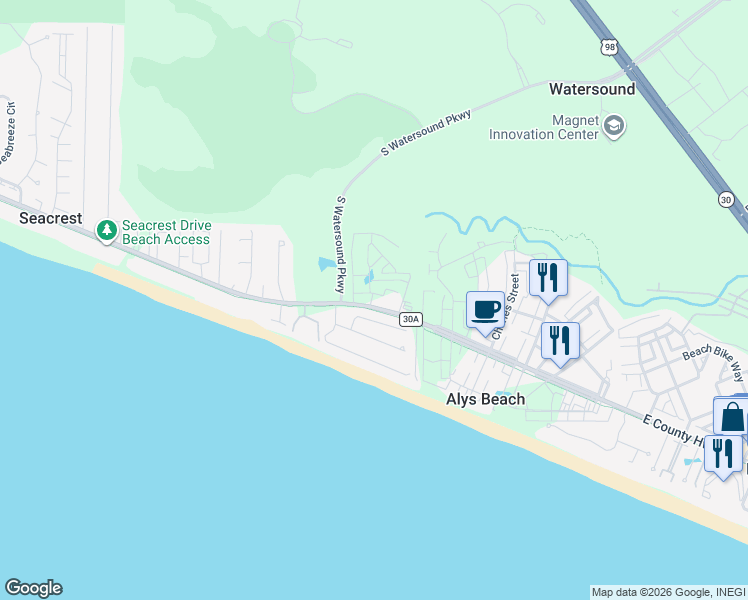 map of restaurants, bars, coffee shops, grocery stores, and more near 9247 East County Highway 30A in Panama City Beach
