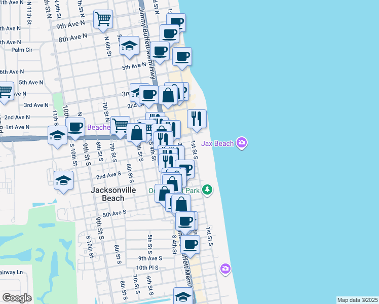map of restaurants, bars, coffee shops, grocery stores, and more near 135 2nd Avenue South in Jacksonville Beach