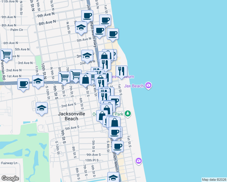map of restaurants, bars, coffee shops, grocery stores, and more near 135 2nd Avenue South in Jacksonville Beach