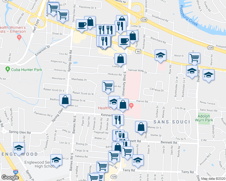 map of restaurants, bars, coffee shops, grocery stores, and more near 3800 University Boulevard South in Jacksonville