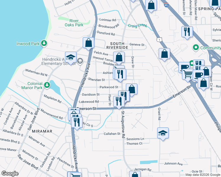 map of restaurants, bars, coffee shops, grocery stores, and more near 1825 Davidson Street in Jacksonville