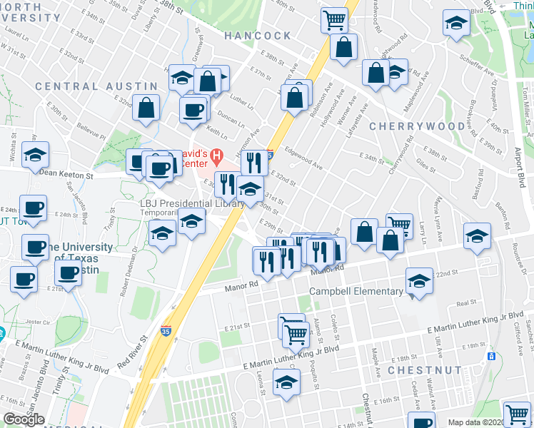 map of restaurants, bars, coffee shops, grocery stores, and more near 1300 East 29th Street in Austin
