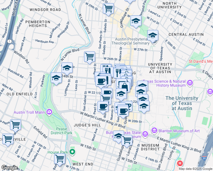map of restaurants, bars, coffee shops, grocery stores, and more near in Austin