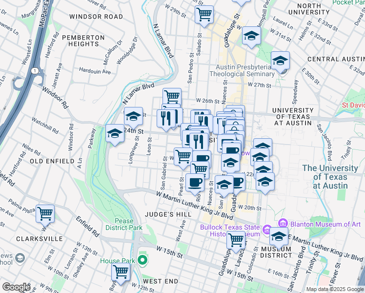 map of restaurants, bars, coffee shops, grocery stores, and more near 2 West 22 1/2 Street in Austin