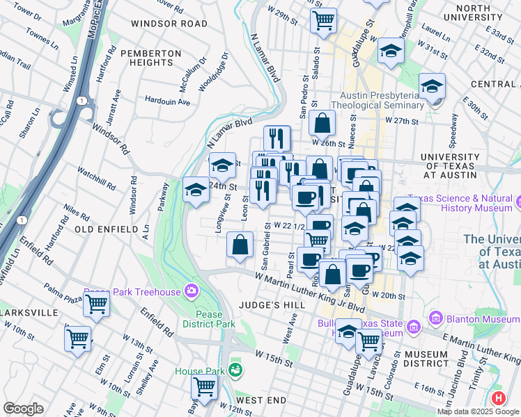 map of restaurants, bars, coffee shops, grocery stores, and more near 25 Leon Street in Austin