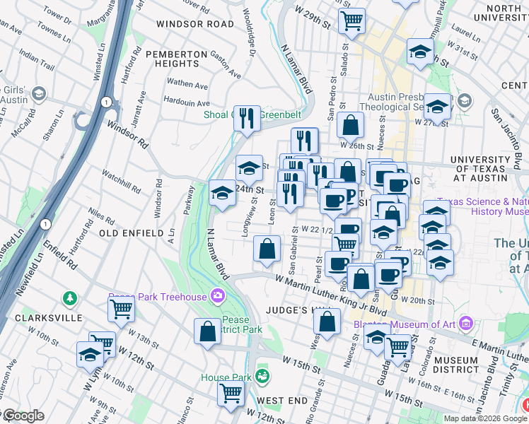 map of restaurants, bars, coffee shops, grocery stores, and more near 1111 West 22 1/2 Street in Austin