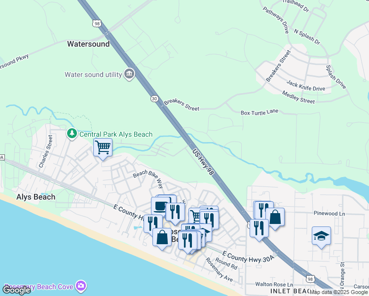 map of restaurants, bars, coffee shops, grocery stores, and more near 54 Redbud Lane in Panama City Beach