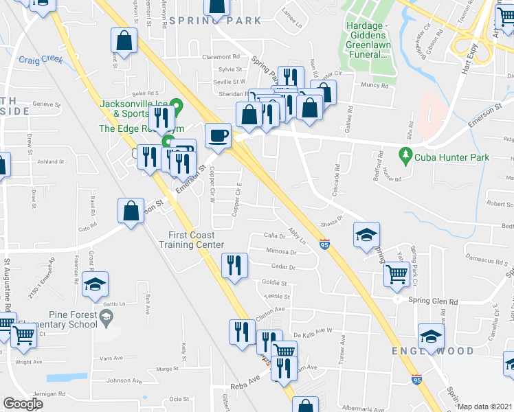 map of restaurants, bars, coffee shops, grocery stores, and more near Rosetree Dr & Cactus Ln in Jacksonville