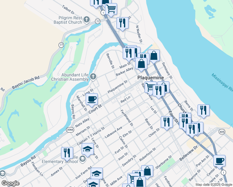 map of restaurants, bars, coffee shops, grocery stores, and more near 23615 Federal Street in Plaquemine
