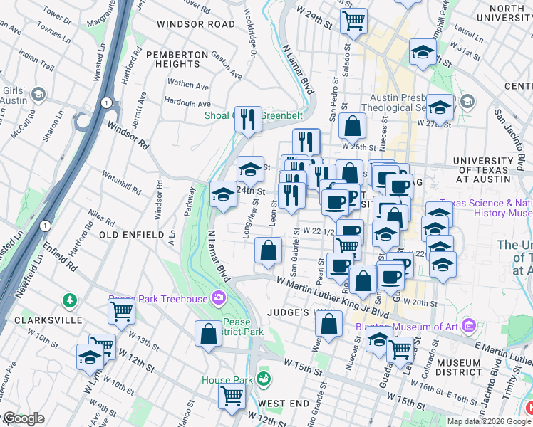 map of restaurants, bars, coffee shops, grocery stores, and more near 1111 West 22 1/2 Street in Austin