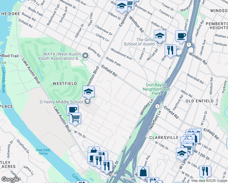 map of restaurants, bars, coffee shops, grocery stores, and more near 1308 Elton Lane in Austin