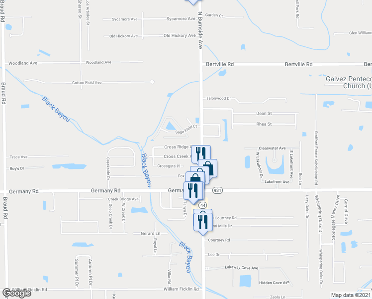 map of restaurants, bars, coffee shops, grocery stores, and more near 40501 Cross Ridge Avenue in Gonzales