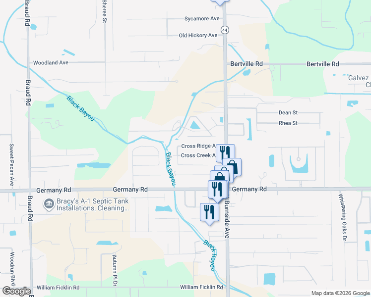 map of restaurants, bars, coffee shops, grocery stores, and more near 40417 Cross Creek Avenue in Gonzales