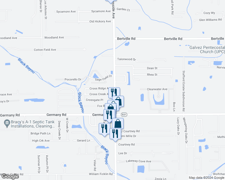 map of restaurants, bars, coffee shops, grocery stores, and more near 40535 Cross Ridge Avenue in Gonzales