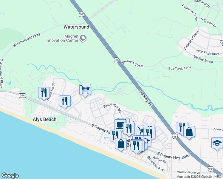 map of restaurants, bars, coffee shops, grocery stores, and more near 195 Redbud Lane in Rosemary Beach